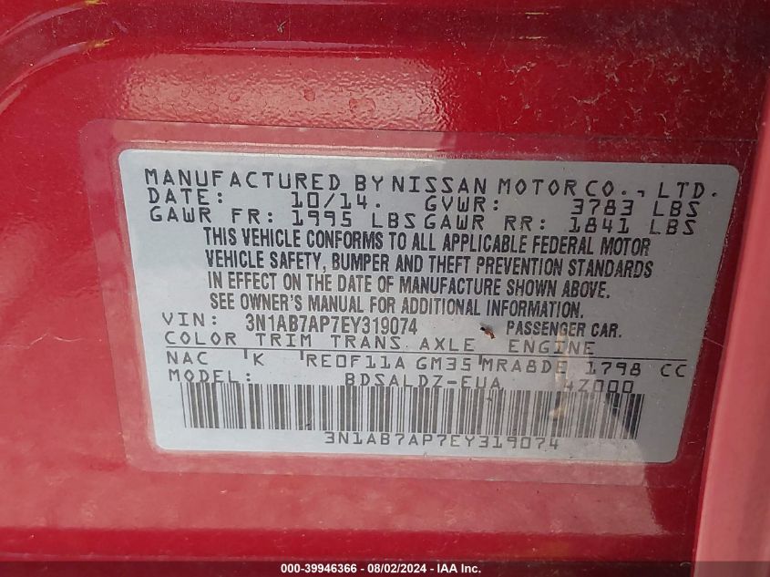 2014 Nissan Sentra Sv VIN: 3N1AB7AP7EY319074 Lot: 39946366