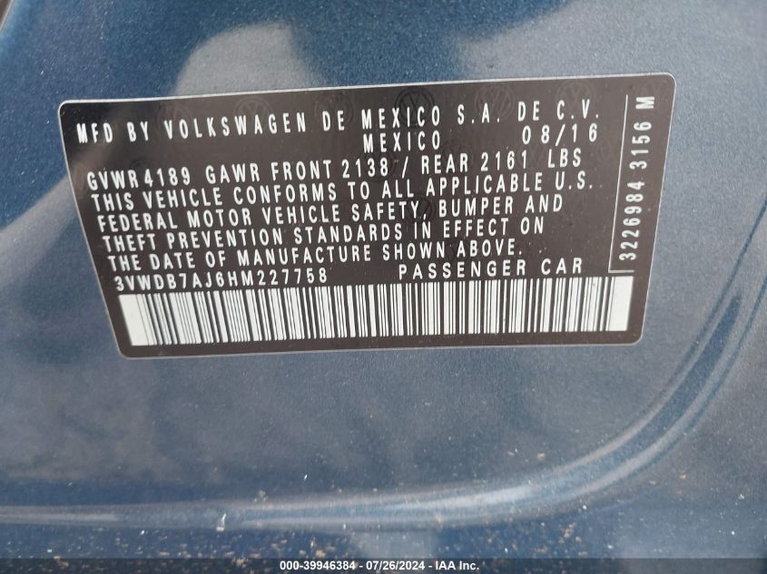 2017 Volkswagen Jetta 1.4T Se VIN: 3VWDB7AJ6HM227758 Lot: 39946384