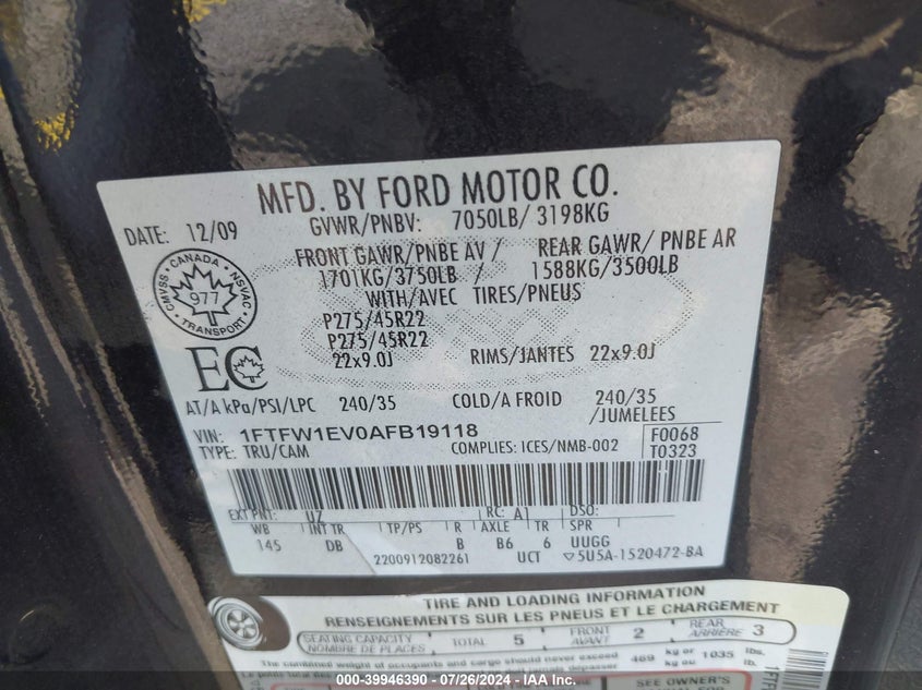 2010 Ford F-150 Fx4/Harley-Davidson/King Ranch/Lariat/Platinum/Xl/Xlt VIN: 1FTFW1EV0AFB19118 Lot: 39946390