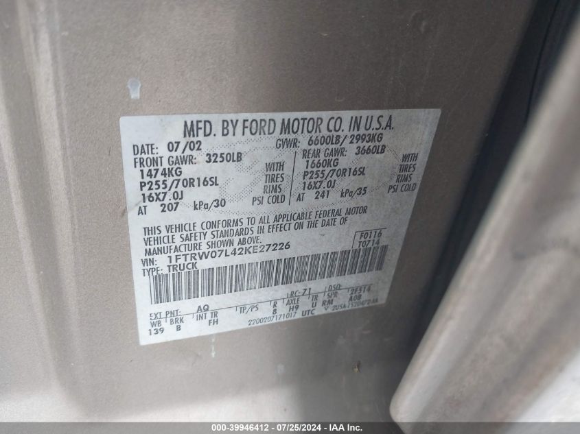 2002 Ford F-150 Lariat/Xlt VIN: 1FTRW07L42KE27226 Lot: 39946412