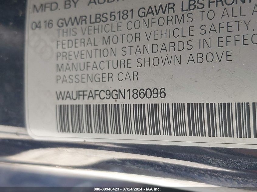 2016 Audi A6 Premium VIN: WAUFFAFC9GN186096 Lot: 39946423