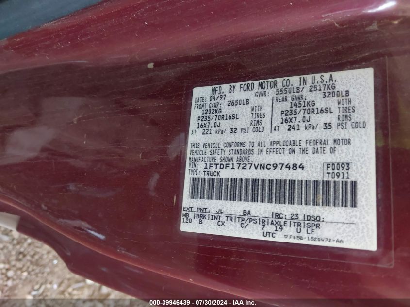 1997 Ford F-150 Standard/Xl/Xlt VIN: 1FTDF1727VNC97484 Lot: 39946439