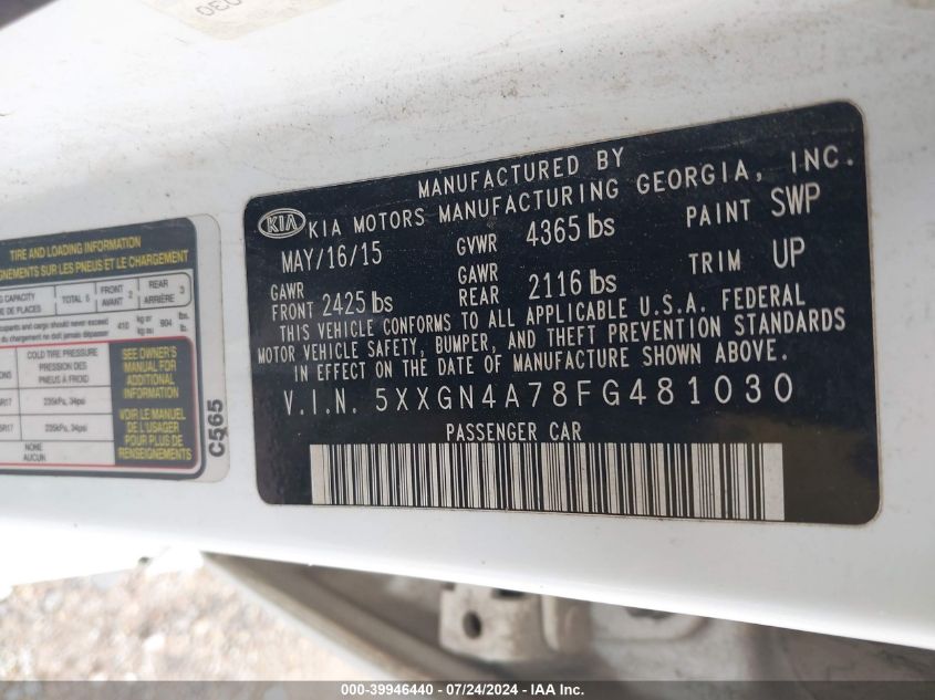 2015 Kia Optima Ex VIN: 5XXGN4A78FG481030 Lot: 39946440