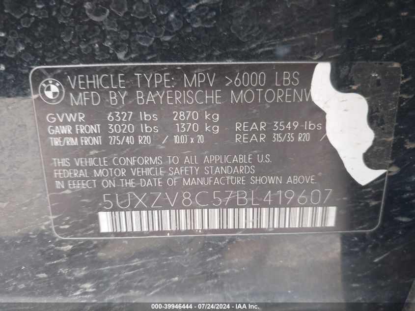 2011 BMW X5 xDrive50I VIN: 5UXZV8C57BL419607 Lot: 39946444