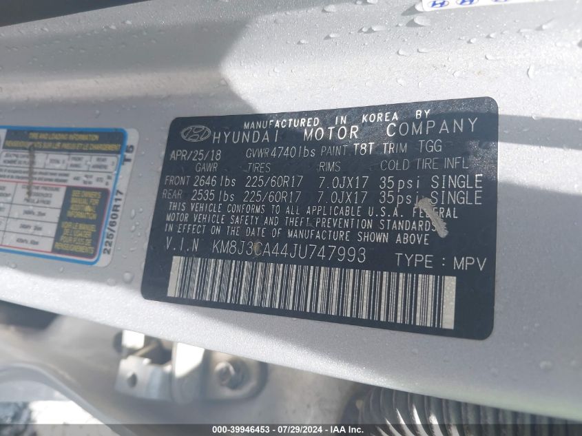2018 Hyundai Tucson Sel VIN: KM8J3CA44JU747993 Lot: 39946453