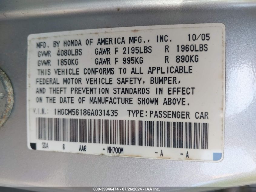 1HGCM56186A031435 | 2006 HONDA ACCORD