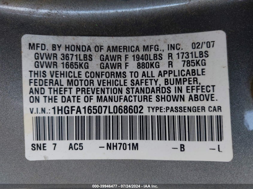 2007 Honda Civic Lx VIN: 1HGFA16507L068602 Lot: 39946477