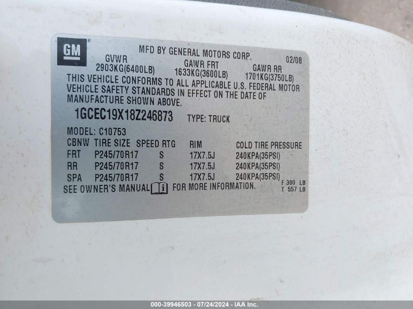 2008 Chevrolet Silverado 1500 Work Truck VIN: 1GCEC19X18Z246873 Lot: 39946503