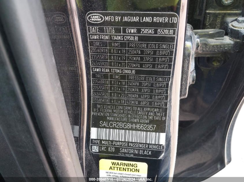 2017 Land Rover Discovery Sport Hse VIN: SALCR2BG8HH662357 Lot: 39946518
