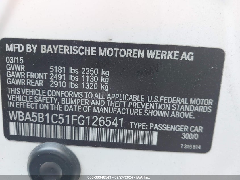2015 BMW 535I - WBA5B1C51FG126541