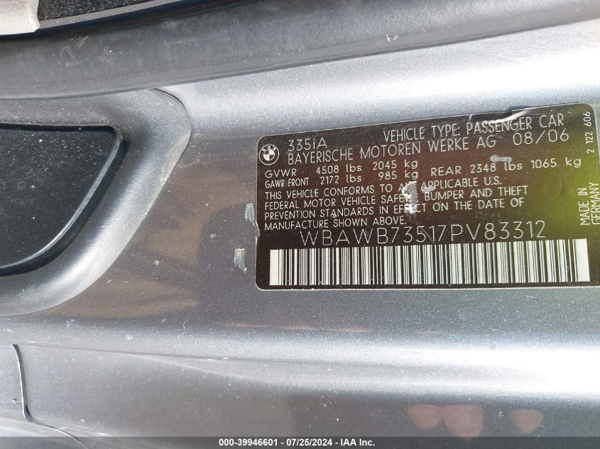 2007 BMW 335I VIN: WBAWB73517PV83312 Lot: 39946601