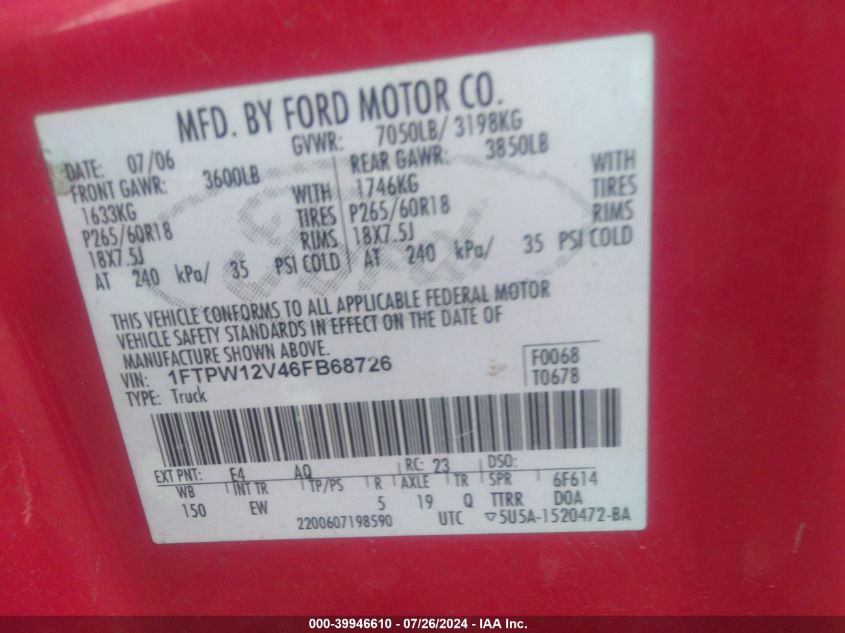 2006 Ford F-150 Lariat/Xlt VIN: 1FTPW12V46FB68726 Lot: 39946610
