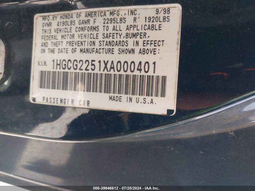 1999 Honda Accord Ex V6 VIN: 1HGCG2251XA000401 Lot: 39946612