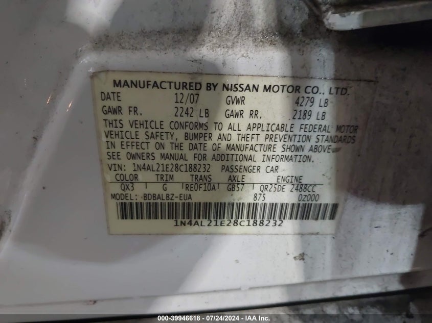 2008 Nissan Altima 2.5 S VIN: 1N4AL21E28C188232 Lot: 39946618
