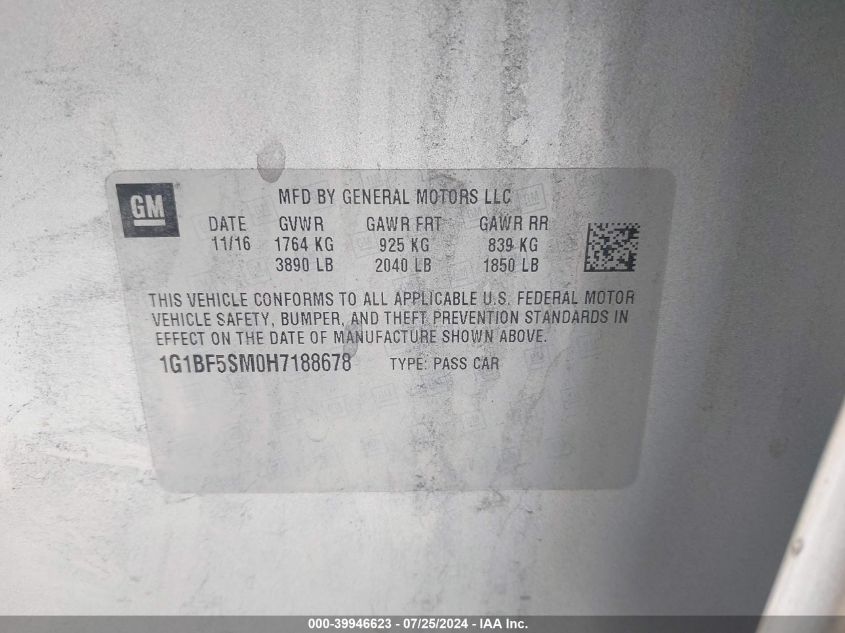 2017 Chevrolet Cruze Premier VIN: 1G1BF5SM0H7188678 Lot: 39946623