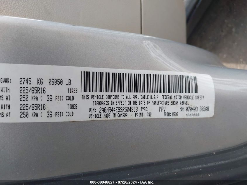 2009 Chrysler Town & Country Lx VIN: 2A8HR44E99R504953 Lot: 39946627