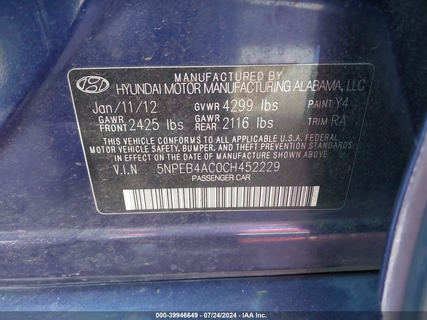 2012 Hyundai Sonata Gls VIN: 5NPEB4AC0CH452229 Lot: 39946649