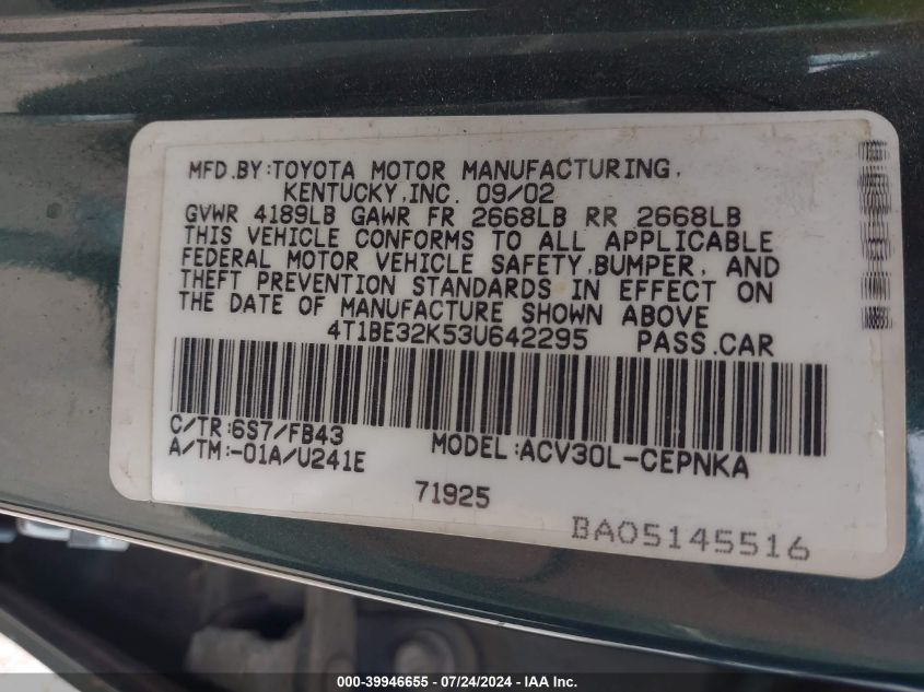 2003 Toyota Camry Le/Se/Xle VIN: 4T1BE32K53U642295 Lot: 39946655