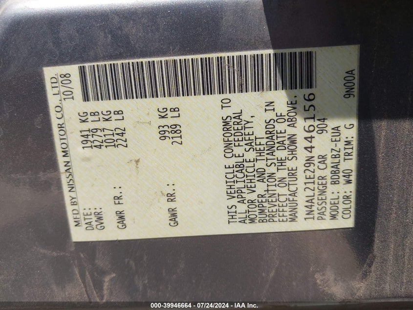 2009 Nissan Altima 2.5/2.5S VIN: 1N4AL21E29N446156 Lot: 39946664