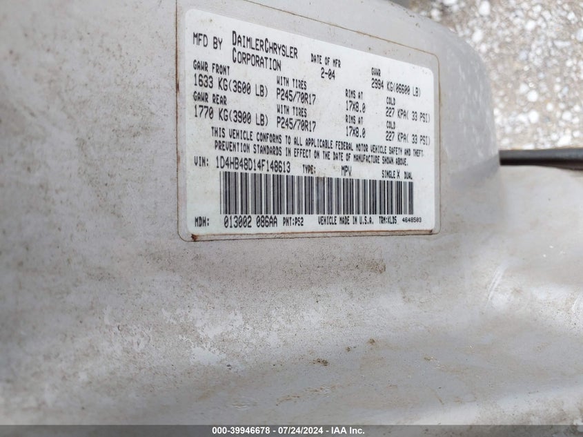 2004 Dodge Durango Slt VIN: 1D4HB48D14F148613 Lot: 39946678