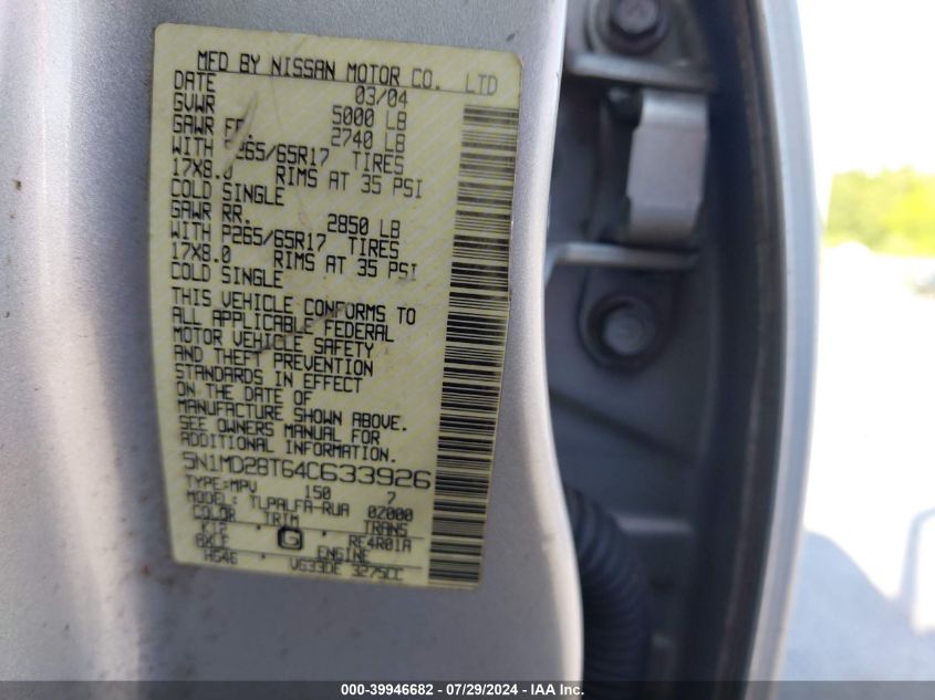2004 Nissan Xterra Se S/C VIN: 5N1MD28T64C633926 Lot: 39946682