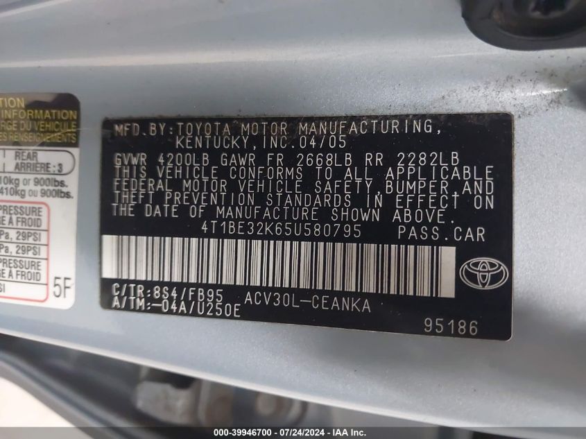2005 Toyota Camry Le/Se/Std/Xle VIN: 4T1BE32K65U580795 Lot: 39946700