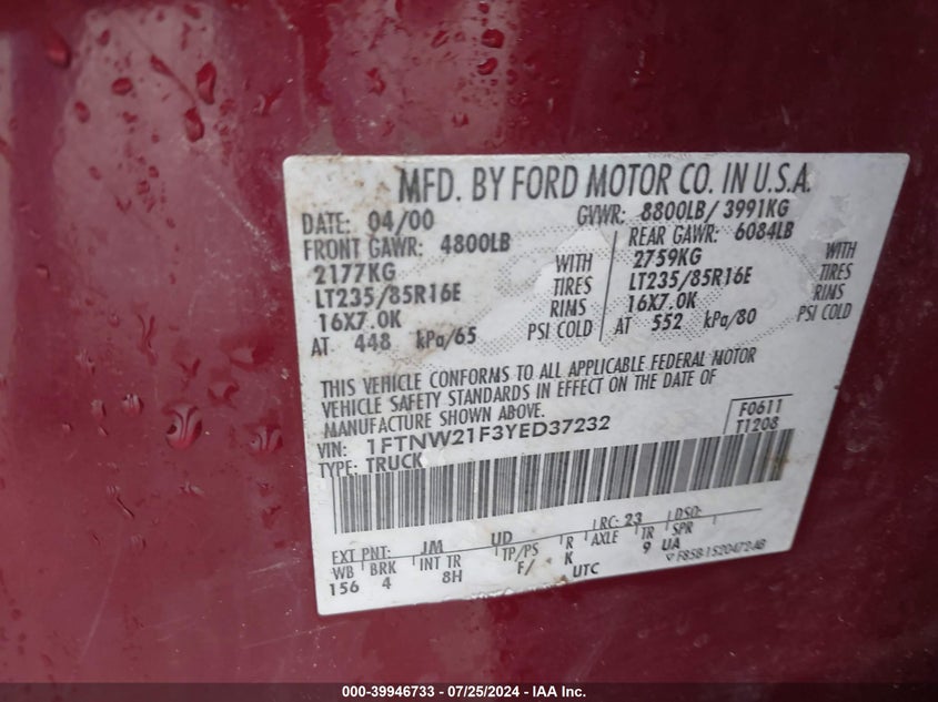 2000 Ford F-250 Lariat/Xl/Xlt VIN: 1FTNW21F3YED37232 Lot: 39946733