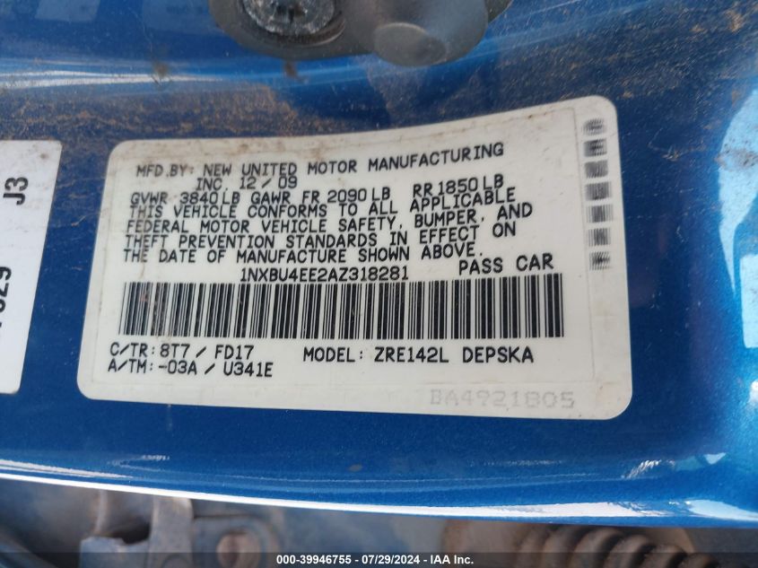 2010 Toyota Corolla S VIN: 1NXBU4EE2AZ318281 Lot: 39946755