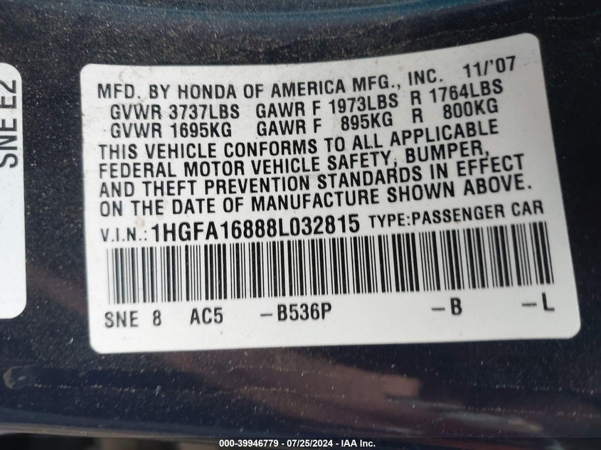 2008 Honda Civic Ex VIN: 1HGFA16888L032815 Lot: 39946779
