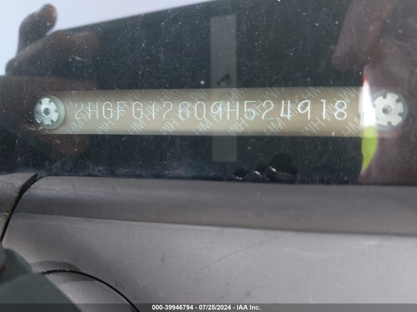 2009 Honda Civic Lx VIN: 2HGFG12609H524918 Lot: 39946794