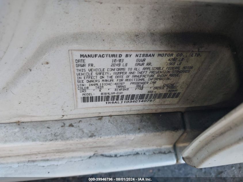 2004 Nissan Altima 2.5 S VIN: 1N4AL11D34C140797 Lot: 39946796