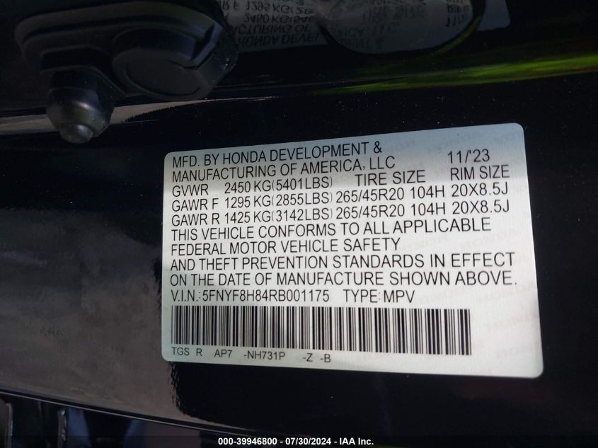 2024 Honda Passport Awd Black VIN: 5FNYF8H84RB001175 Lot: 39946800