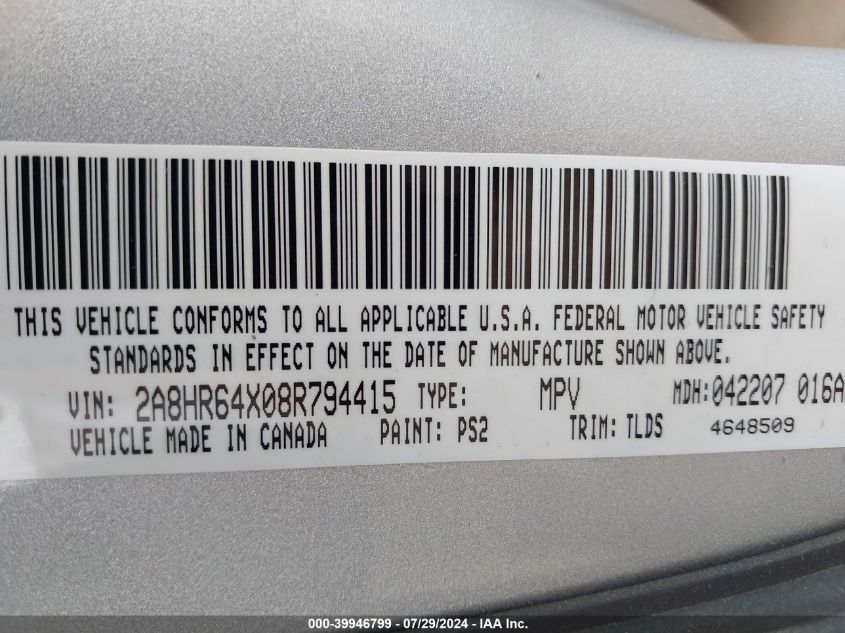 2008 Chrysler Town & Country Limited VIN: 2A8HR64X08R794415 Lot: 39946799