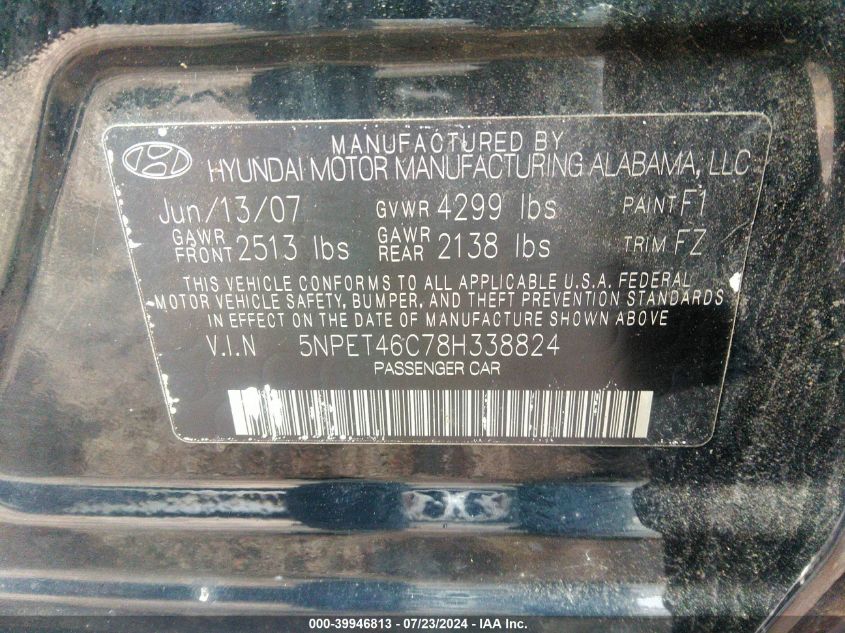 2008 Hyundai Sonata Gls VIN: 5NPET46C78H338824 Lot: 39946813