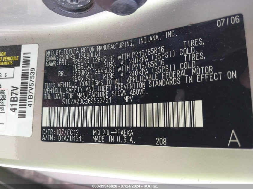 2006 Toyota Sienna Ce/Le VIN: 5TDZA23C26S532751 Lot: 39946820