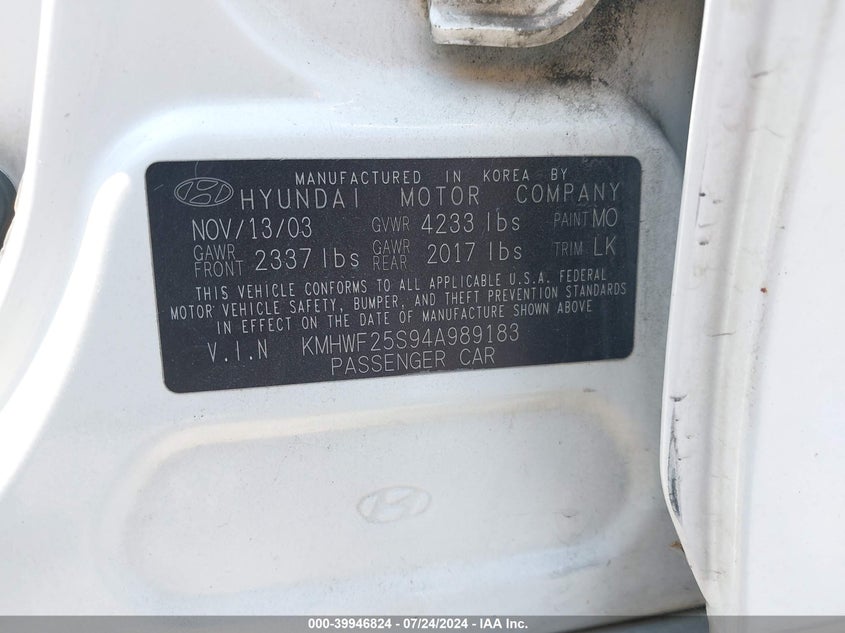 2004 Hyundai Sonata VIN: KMHWF25S94A989183 Lot: 39946824