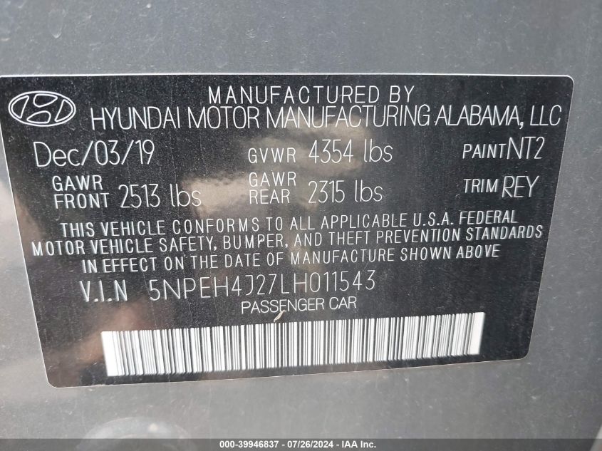 2020 Hyundai Sonata Limited VIN: 5NPEH4J27LH011543 Lot: 39946837