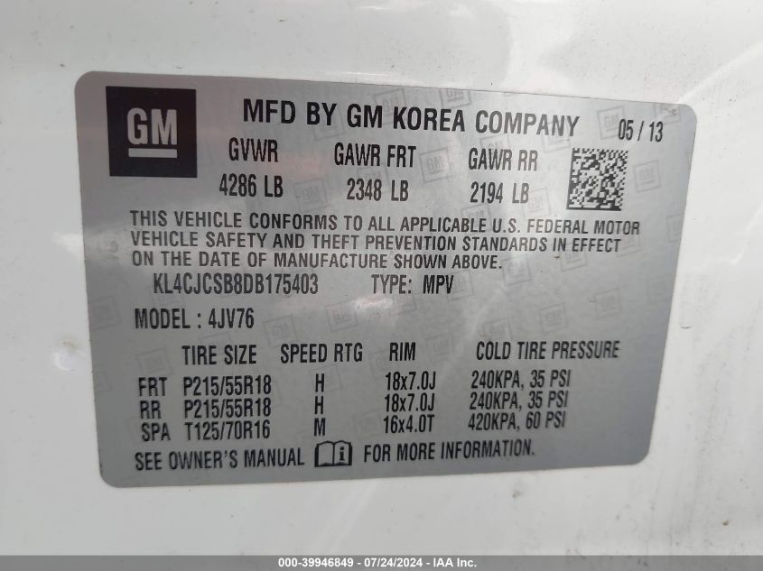 2013 Buick Encore Leather VIN: KL4CJCSB8DB175403 Lot: 39946849