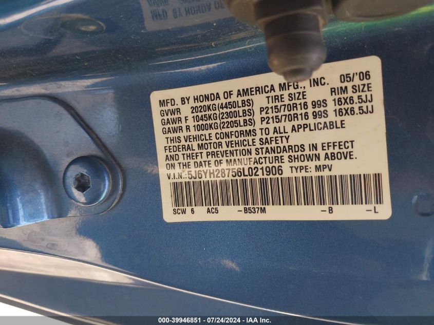 2006 Honda Element Ex-P VIN: 5J6YH28756L021906 Lot: 39946851