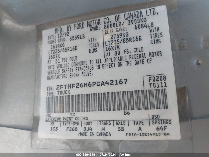 1993 Ford F250 VIN: 2FTHF26H6PCA42167 Lot: 39946891