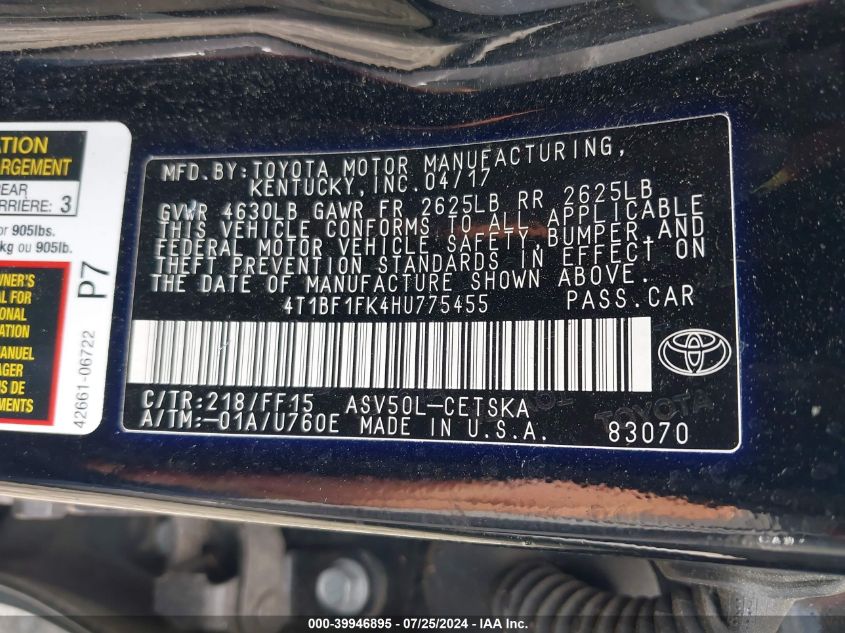 4T1BF1FK4HU775455 2017 Toyota Camry Le/Se/Xle/Xse