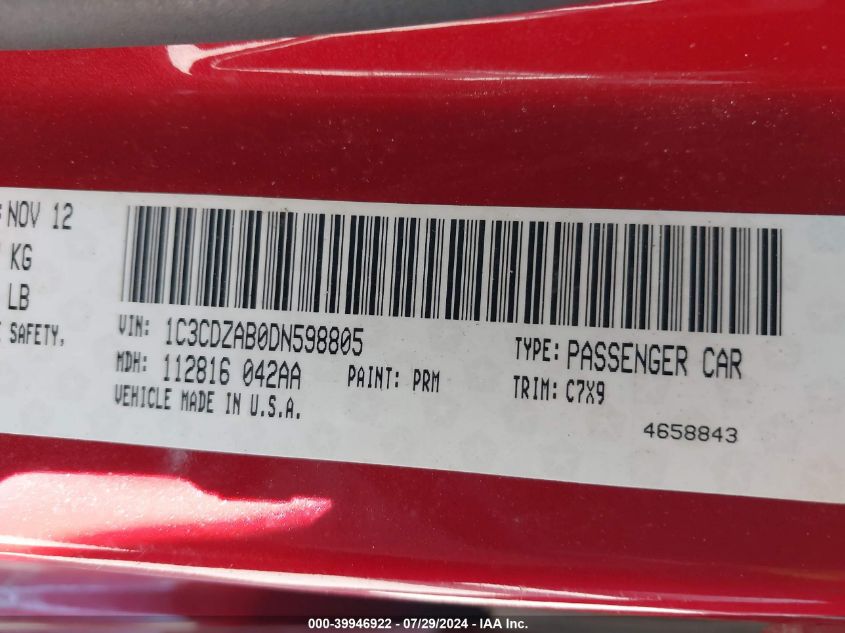 2013 Dodge Avenger Se VIN: 1C3CDZAB0DN598805 Lot: 39946922