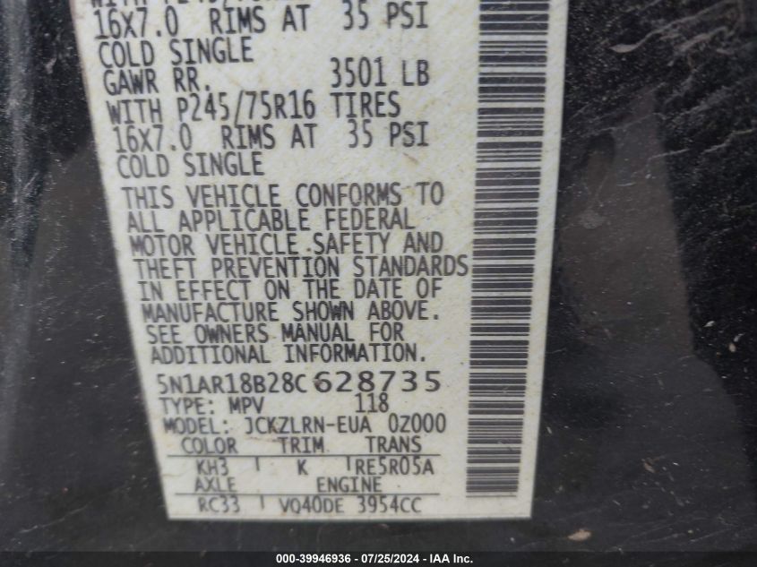 2008 Nissan Pathfinder S/Le/Se VIN: 5N1AR18B28C628735 Lot: 39946936