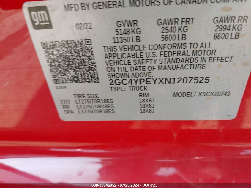 2022 Chevrolet Silverado 2500Hd 4Wd Standard Bed Ltz VIN: 2GC4YPEYXN1207525 Lot: 39946952