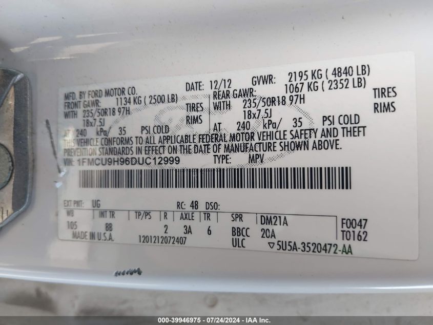 2013 Ford Escape Sel VIN: 1FMCU9H96DUC12999 Lot: 39946975