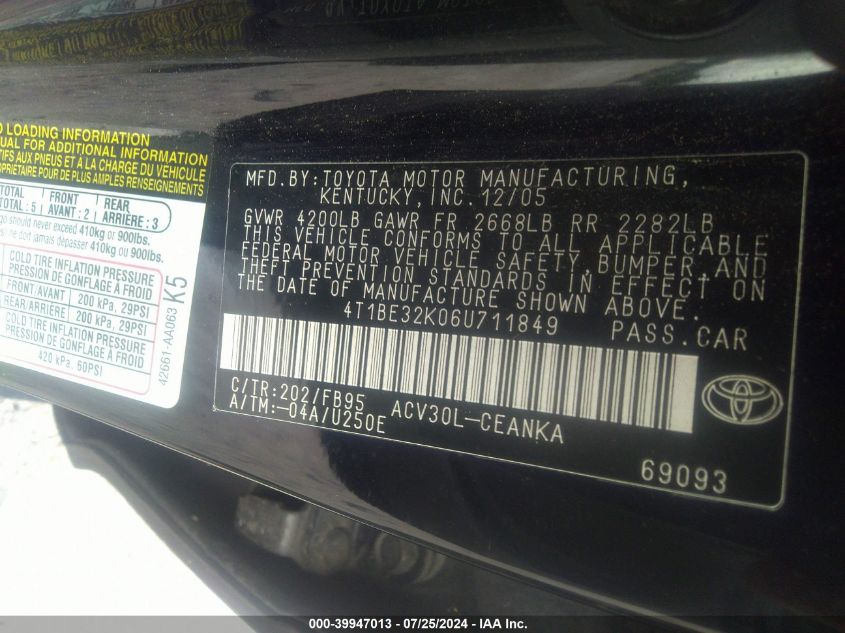 4T1BE32K06U711849 | 2006 TOYOTA CAMRY