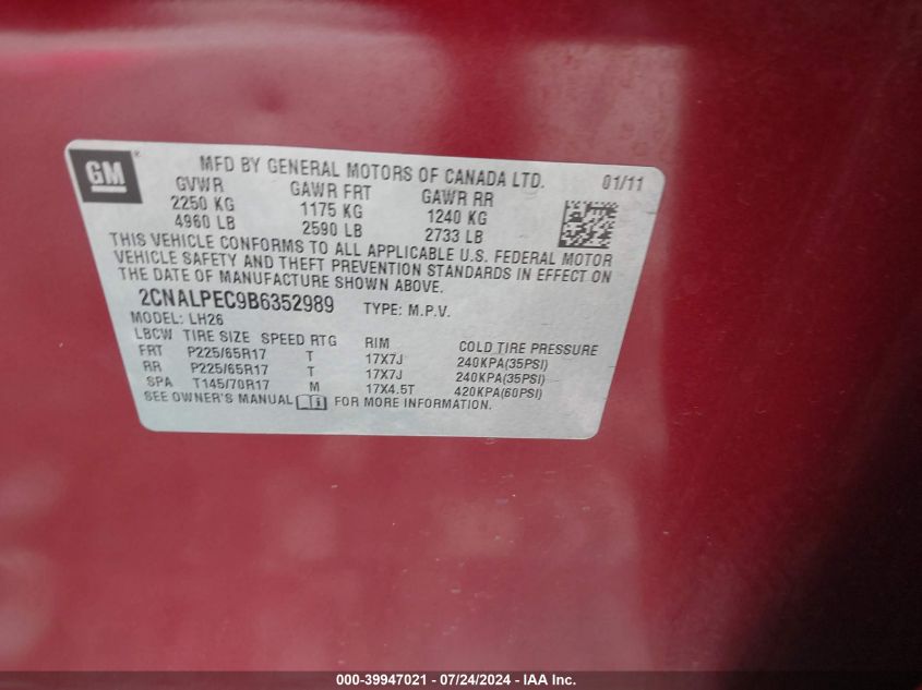 2011 Chevrolet Equinox 2Lt VIN: 2CNALPEC9B6352989 Lot: 39947021