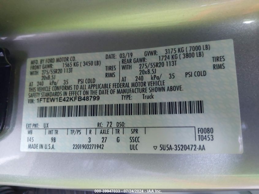 2019 Ford F150 Supercrew VIN: 1FTEW1E42KFB48799 Lot: 39947033