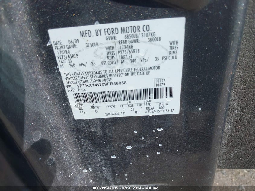 2009 Ford F-150 Super Cab VIN: 1FTRX14W09FB46058 Lot: 39947035