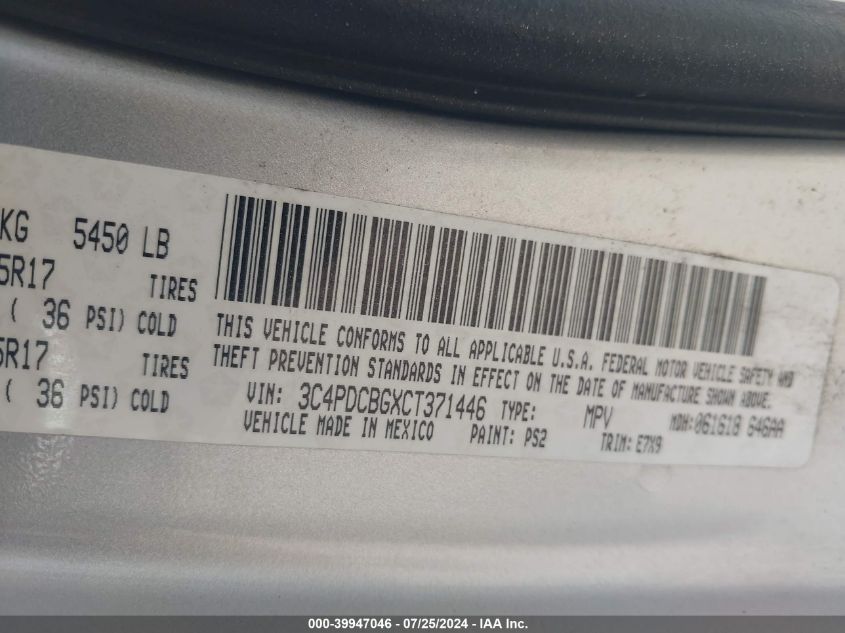 2012 Dodge Journey Sxt VIN: 3C4PDCBGXCT371446 Lot: 39947046